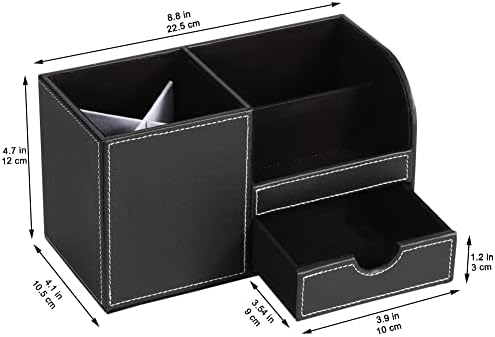 KINGFOM Desk Organizer Office Supplies Caddy Pu Leather Multi-function Storage Box Pen/Pencil,Cell phone, Business Name Cards Remote Control Holder with Small Drawer Black