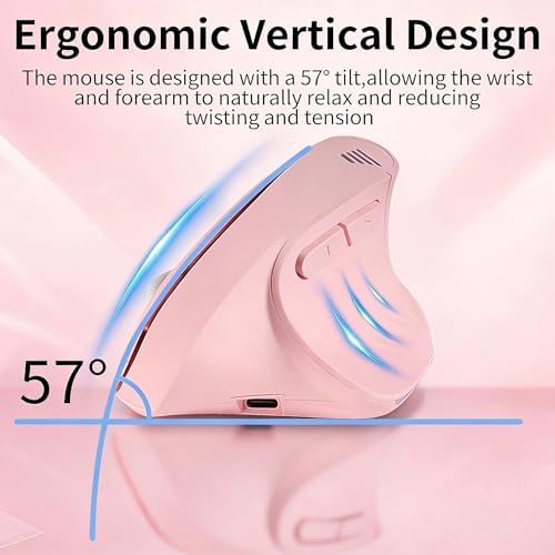 Bluetooth Wireless Dual-Mode Vertical Mouse - Silent Click, Ergonomic Comfort for Office & Home Use, Rechargeable with LED Breathing Light, Compatible with Multiple Devices (Pink)