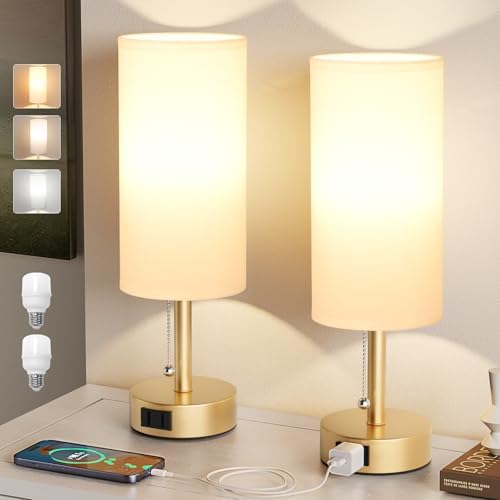 Gold Bedside Table Lamps Set of 2 - Bedroom Lamp for Desk, AC Outlet
