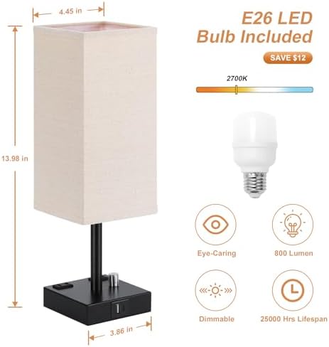 Bedside Table Lamps Set of 2 for Bedroom - Dimmable, USB C+A, 2 AC Outlets