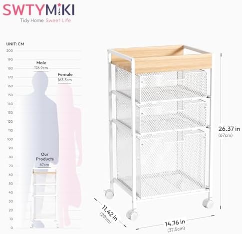 SWTYMIKI Rolling File Cart with Drawers - 4 Tier Under Desk Storage Craft Rolling Organizer Cart - Office Storage &Organization, Mobile Metal Filing Cabinet for Office and Home White