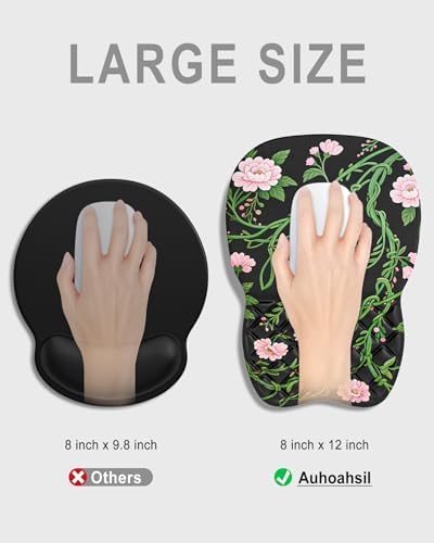 Auhoahsil Ergonomic Mouse Pad with Wrist Rest, Comfortable Slope Computer Mouse Mat with Wrist Support, Memory Foam Filling, Non-Slip Silicone Base, Pain Relief for Gaming Work, 8" x 12", Black Vines