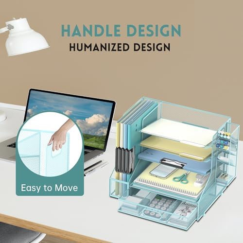 5-Tier Desk Organizer with File Holder & Pen Holder & Sliding Drawer, Blue
