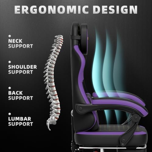 Ergonomic Gaming Chair with Footrest & Massage Lumbar Pillow, Height Adjustable 360° Swivel Computer Chair, Linked Armrest & Headrest for Office Gaming (Black Purple)