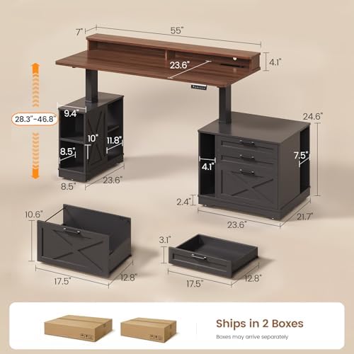 SEDETA Farmhouse Electric Standing Desk with 3 Drawers and File Cabinet