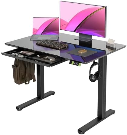 INNOVAR Glass Standing Desk with Drawers 40×24 Inch Black