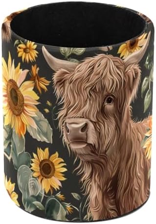 Pen Holder for Desk, Highland Cow Sunflowers Pencil Holder Desk Organizer, Large Capacity Pen Cup Makeup Brush Holders Desktop Office Supplies Storage Organizer