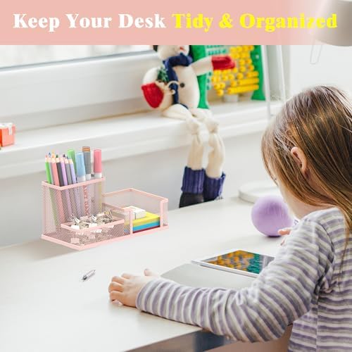SUPEASY Mesh Pen Holder Desk Organizer, Office Supplies Pencil Storage with 3 Compartments, Office Desk Accessories and Workspace Organizers for Home School Classroom, Pink