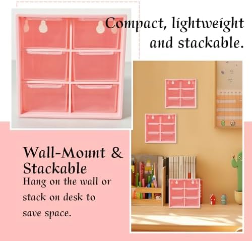 Small Mini Drawer Organizer for Desk, 6 Drawers, 4.7" x 4.7" x 3.8" Pink