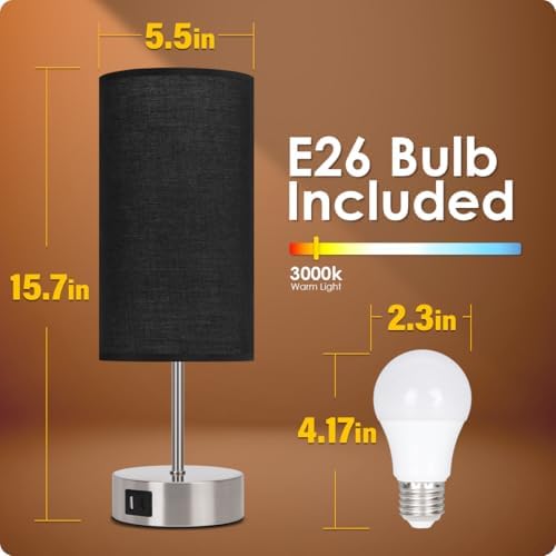 Yarra-Decor 【Upgraded Bedside Lamp with USB A+C Charging Ports & AC Outlet Touch Control Table Lamp for Bedroom 3 Way Dimmable Nightstand Lamp with Black Shade for Home,Office, Dorm(Bulb Included)