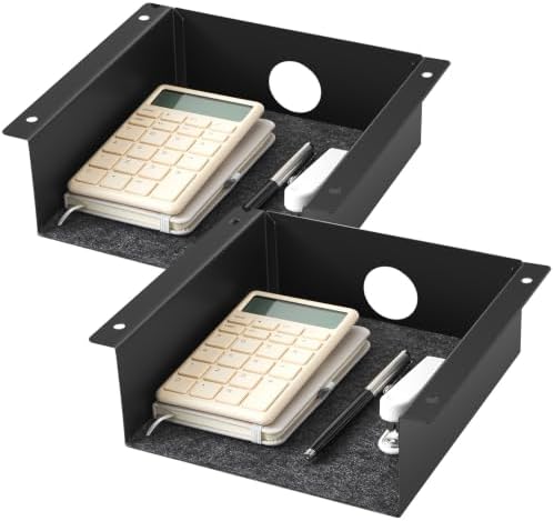 Yaocom 2 Pack Under Desk Hanging Shelf, Carbon Steel Storage Tray with Mute Felt Sheets, Mount Shelves Organizer for Office Home Workstation Gaming Desk Stand up(7.5x8x2.8 in/Storage Shelf,Black)