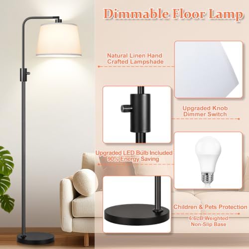 【Upgraded】 Dimmable Floor Lamp, 1000 Lumens LED Edison Bulb Included, Arc Black Floor Lamps for Living Room Modern Standing Lamp with White Shade, Tall Lamps for Living Room Bedroom Office Dining Room