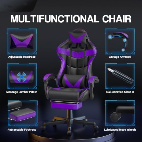 Huracan Gaming Chair with Footrest, Ergonomic Computer Chair Lumbar Support, Adjustable High Back Recliner for Adults, Racing Style Video Gaming Chairs, for Home Office Streaming, Purple