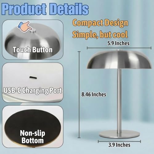 2 Pack Portable LED Mushroom Table Lamp, Metal Cordless Desk Night Light, Stepless Dimming Touch Lamp with 3 Colors for Bedroom Bedside Restaurant Bar, Sliver