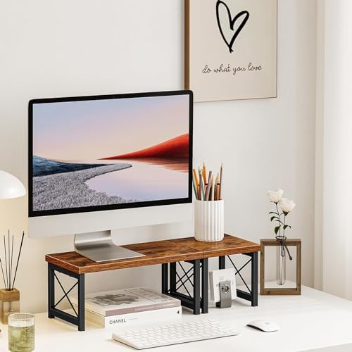 Honiter Desk Shelf Organizer, Desk Shelf for Top of Desk, 2 Tier Adjustable Small Bookshelf Organizer, Freestanding Stackable Desktop Stand, Kitchen Counter Display Rack, Rustic Brown