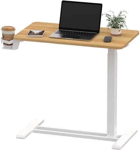 SANODESK 28''Pneumatic Adjustable Overbed Bedside Table with Hidden Casters