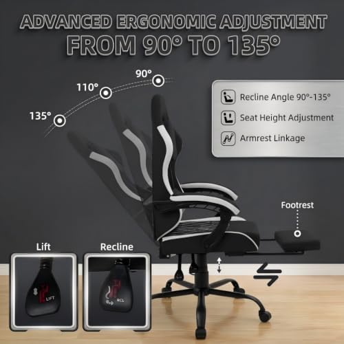 Video Gaming Chair, Ergonomic Office Chair with Footrest, Lumbar Support and Linkage Armrests, Swive Home Video Game Chairs for Adults, Black