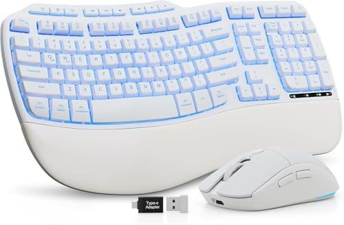 SABLUTE White Wireless Keyboard and Mouse Combo, Light up Ergonomic Keyboard Set, 2.4G Full Size Ergo Wave Key Board with Cushioned Plam Rest, Silent Mouse, for Computer/Laptop/Windows/Mac