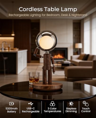 Cordless Table Lamp, Rechargeable Wooden Desk Lamp, Dimmable, Gift