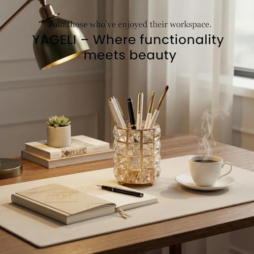 YAGELI Crystal Pen Holder for Desk, 3.58" Gold/Silver Pencil Cup