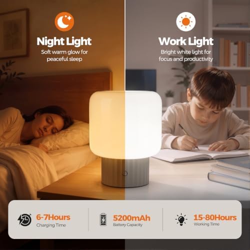 VOLISUN Mushroom Lamp, Cordless Rechargeable Table Lamp with Glass Shade, 3 Color Temperatures & Stepless Dimming, 5200mAh, Touch Control Bedside Lamps for Living Room, Bedroom, 2 Pack (Brown)
