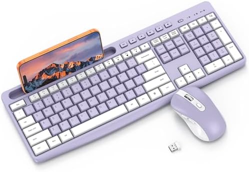 OMOTON Purple Wireless Keyboard and Mouse Combo, Built-in Phone Holder