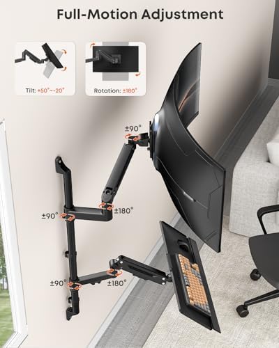 Heavy Duty Wall Mount Monitor Arm with Keyboard Tray for 17-49 Inch