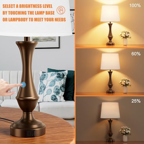 Touch Lamps for Nightstand, 3 Way Dimmable Lamps for Bedroom with USB C+A