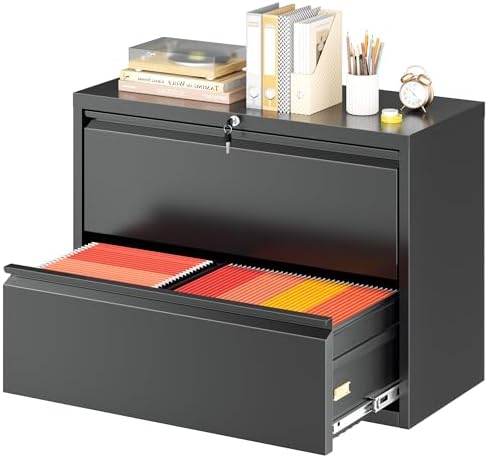 Superday Lateral File Cabinet 2 Drawer Metal File Cabinet with Lock, Black Filing Cabinets for Home Office, Locking Filing Cabinets Hanging Files Letter/Legal/F4/A4