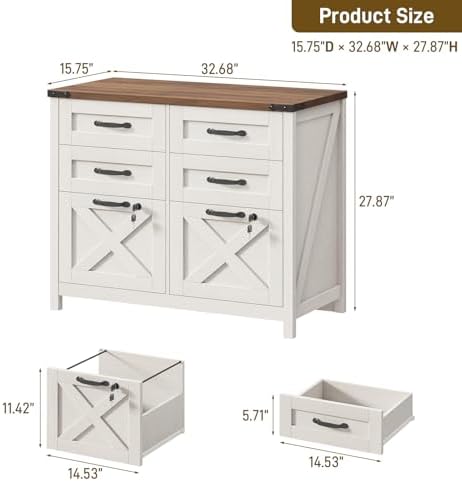 Halitaa Farmhouse Lateral File Cabinet with 6 Drawers, Rustic White
