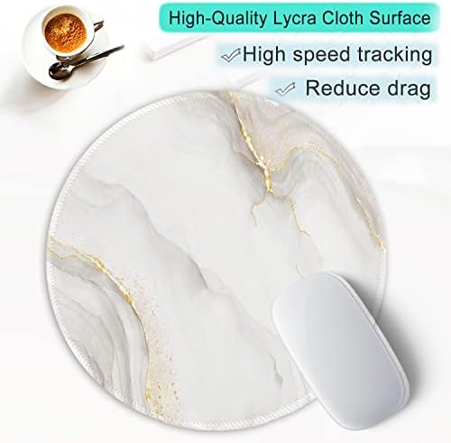 ITNRSIIET Round Mouse Pad with Stitched Edge Premium-Textured Waterproof Non-Slip Rubber Base Desktop Protection Mat Diameter 8.7 inches, White marbling
