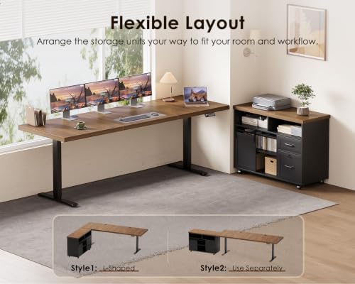 OffiGo 79 Inch Executive L-Shaped Electric Standing Desk, Walnut & Black