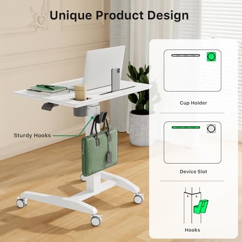 Gibbon Mounts Glass Mobile Rolling Standing Desk on Lockable Wheels, White