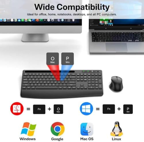 Ergonomic Wireless Keyboard and Mouse Combo, Full-Size Silent Keyboard with Wrist Rest & Phone Holder, 3 DPI Adjustable Mouse, 2.4G Lag-Free Cordless, Long Battery Life for PC Laptop Mac Windows