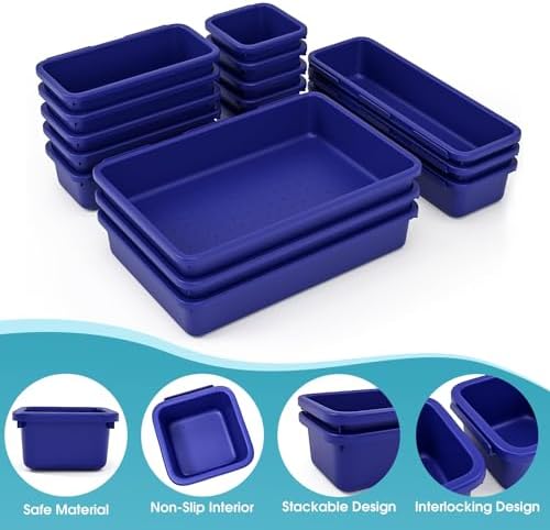 StoreHappily 16 PCS Drawer Organizer Set, 4 Size Makeup Drawer Divider Organizer With Non-Slip Pads, Interlocking Plastic Storage Bins for Office,Jewelry Vanity,Gadgets, Bathroom,Kitchen, Navy