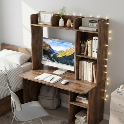 Tangkula Desktop Bookshelf, Countertop Storage Hutch with 5 Shelves for Computer Desk, 3-Tier Display Rack, Multipurpose Wood Desktop Hutch Storage Organizer for Dorm Office, Brown