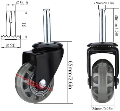 2 inch Floor Friendly Rubber Caster Wheels, Furniture Swivel Casters Set of 4, 5/16" x 1 1/2" (7.9 x 38mm) Wheels Grip Neck Stem Castors with Sockets for Furniture, Vac, Wet Dry Vacuums Caster