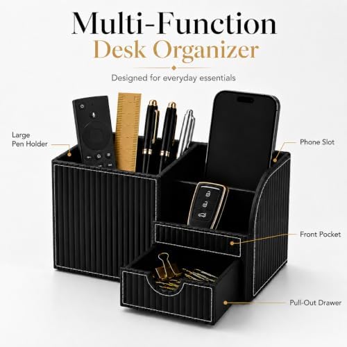 KINGFOM Executive Leather Desk Organizer with Drawer, Modern Black Desk Accessories for Men, Premium Office Desk Organizer with Pen Holder & Storage Compartments for Home Office