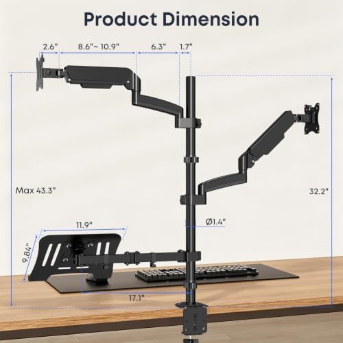 Dual Monitor and Laptop Mount Stand, Fits 32" Screens & 17" Laptops