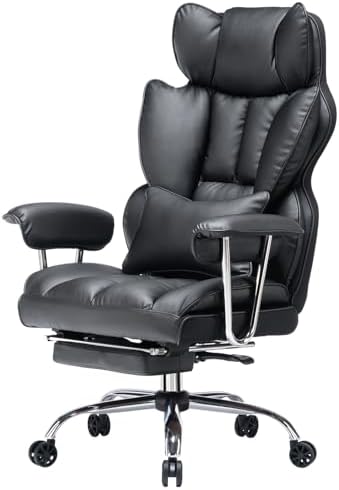 Efomao Big and Tall Office Chair 400lbs – High Back Executive Chair with Swivel Base, PU Leather Upholstery, Lumbar Pillow, Padded Armrests, and Rolling Wheels，Black Computer Chair