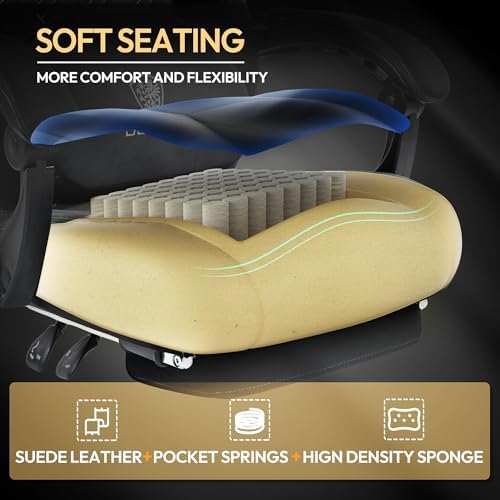 Dowinx Gaming Chair with Heated Massage Lumbar Support,Big and Tall Fabric Gaming Chairs for Adults with Footrest, Ergonomic Computer Game Chair with Poket Spring Cushions, 350lbs, Black and White