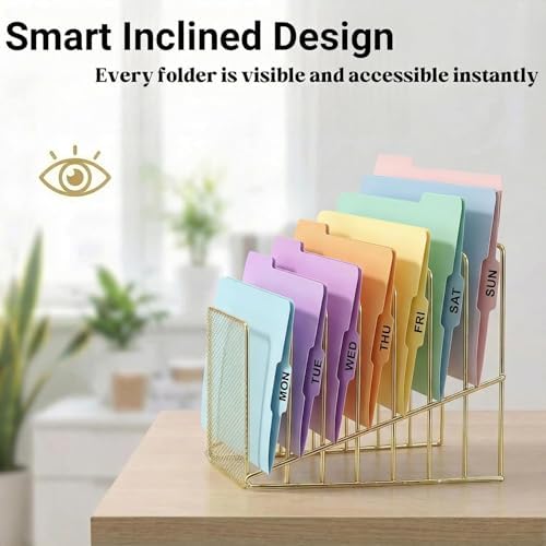 Gold Desk Organizer 7 Slot Inclined Vertical File Folder Holder Sorter with Mesh Front Metal Wire Rack for Mail, Slim Binders, Books Office Organization Desktop Accessories