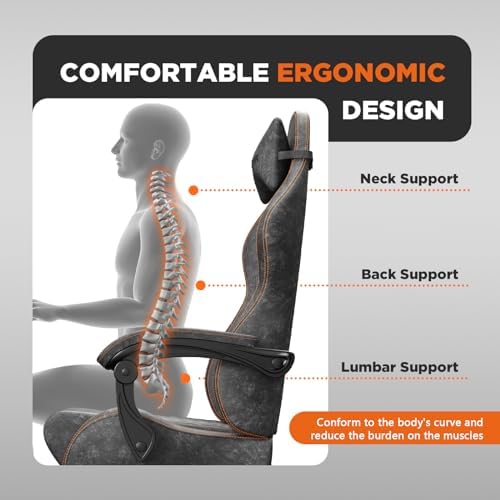 Ferghana Vintage PU Leather Gaming Chair, Ergonomic Reclining Racing Gamer Chair with Massage Lumbar Support, High Back Computer Office Chair with Footrest for Adults, Grey