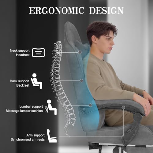 Ferghana Velvet Gaming Chair, 20.5 Inch Extra Wide Seat, Fire Embroidery Ergonomic High Back Computer Chair with Footrest, Massage Lumbar Support Reclining Gaming Chair for Adults, Grey