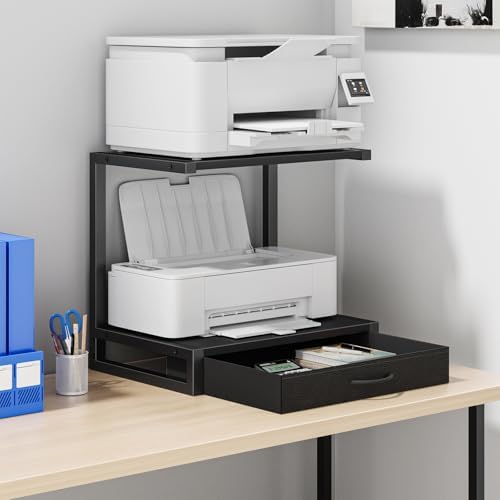 YAOHUOO 2-Tier Desktop Printer Stand with Fabric Drawer,17.3"x11.8" Black