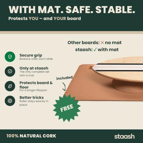 STAASH® Balance Board Full Kit – Premium Birch Wood Trainer with Cork Roller, Balance Disc, Massage Ball & Anti-Slip Mat – Core Strength, Surf, Snowboard & Rehab Training – All-In-One Set