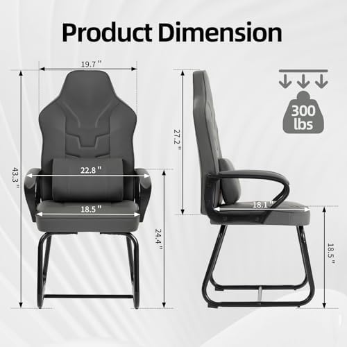 Leather Office Guest Chair No Wheels High Back Computer Reception Chairs with Padded Arms Waist Pillow for Gaming Meeting Conference Waiting Room, Grey