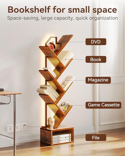 Casaottima Tree Bookshelf with LED Lights, 6-Tier Small Bookshelf, Vintage