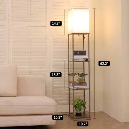 Gupuzm Floor Lamp with Shelves, Modern Square Standing Lamp with 3 Color Temperature Bulb, Corner Display Bookshelf Lamp for Living Room, Bedroom and Office （Grey）