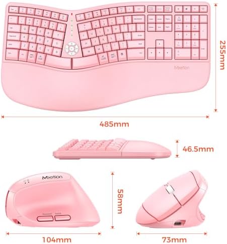 MEETION Ergonomic Keyboard Mouse Combo, Split Design, Vertical Mouse, Pink